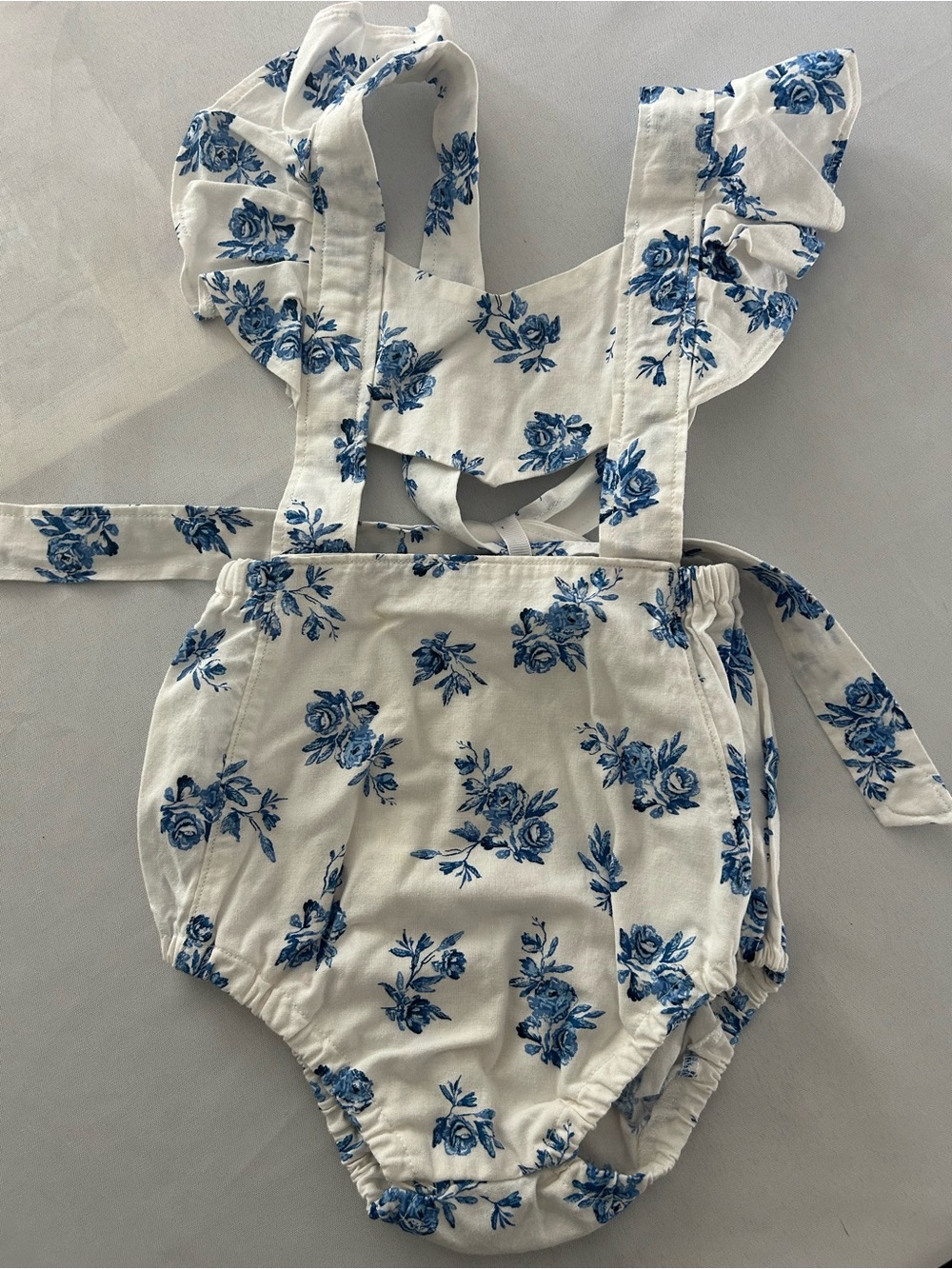 Blue Floral Ruffle Strap Baby Romper